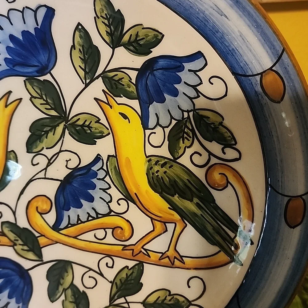 Hand-Painted Ceramic Wall Plate in Blue, Yellow & Green